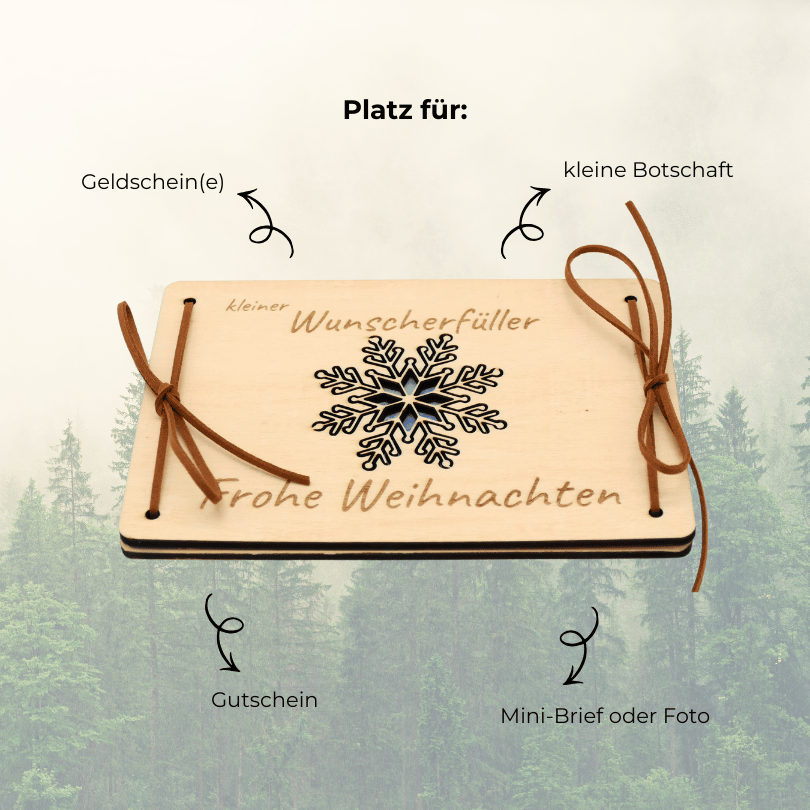 Holzkarte „Kleiner Wunscherfüller“ – Schneeflocke | Weihnachts-Geldgeschenk