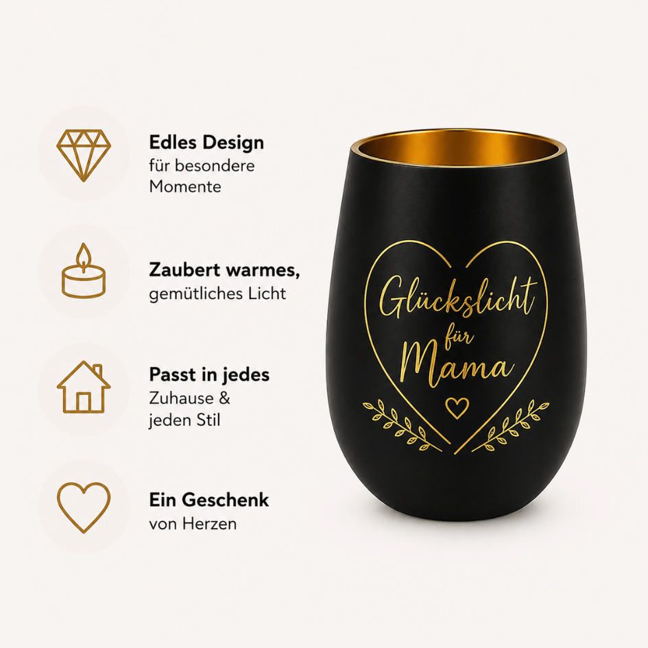 Personalisiertes Windlicht zum Muttertag – Glückslicht Herz für Mama in Schwarz & Gold