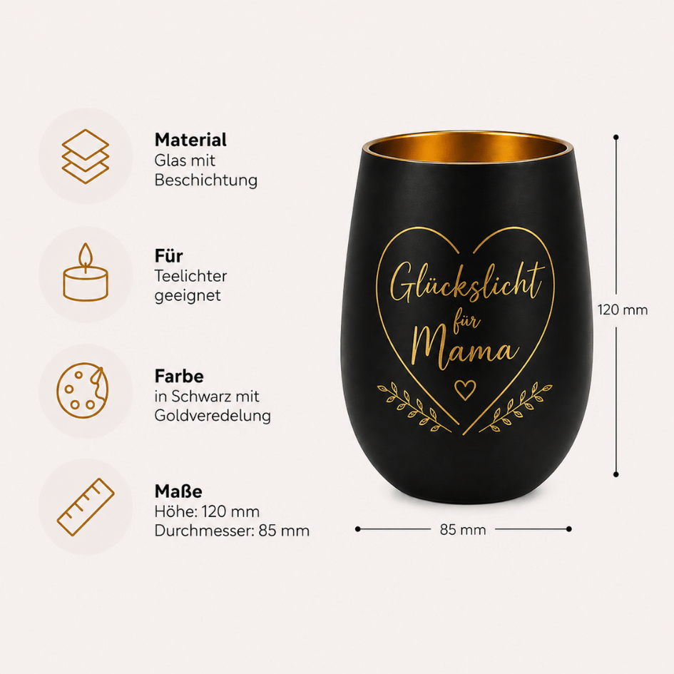 Personalisiertes Windlicht zum Muttertag – Glückslicht Herz für Mama in Schwarz & Gold