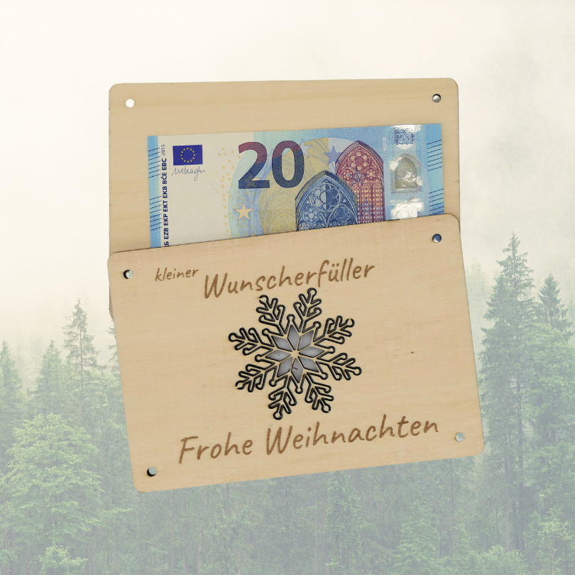 Holzkarte „Kleiner Wunscherfüller“ – Schneeflocke | Weihnachts-Geldgeschenk