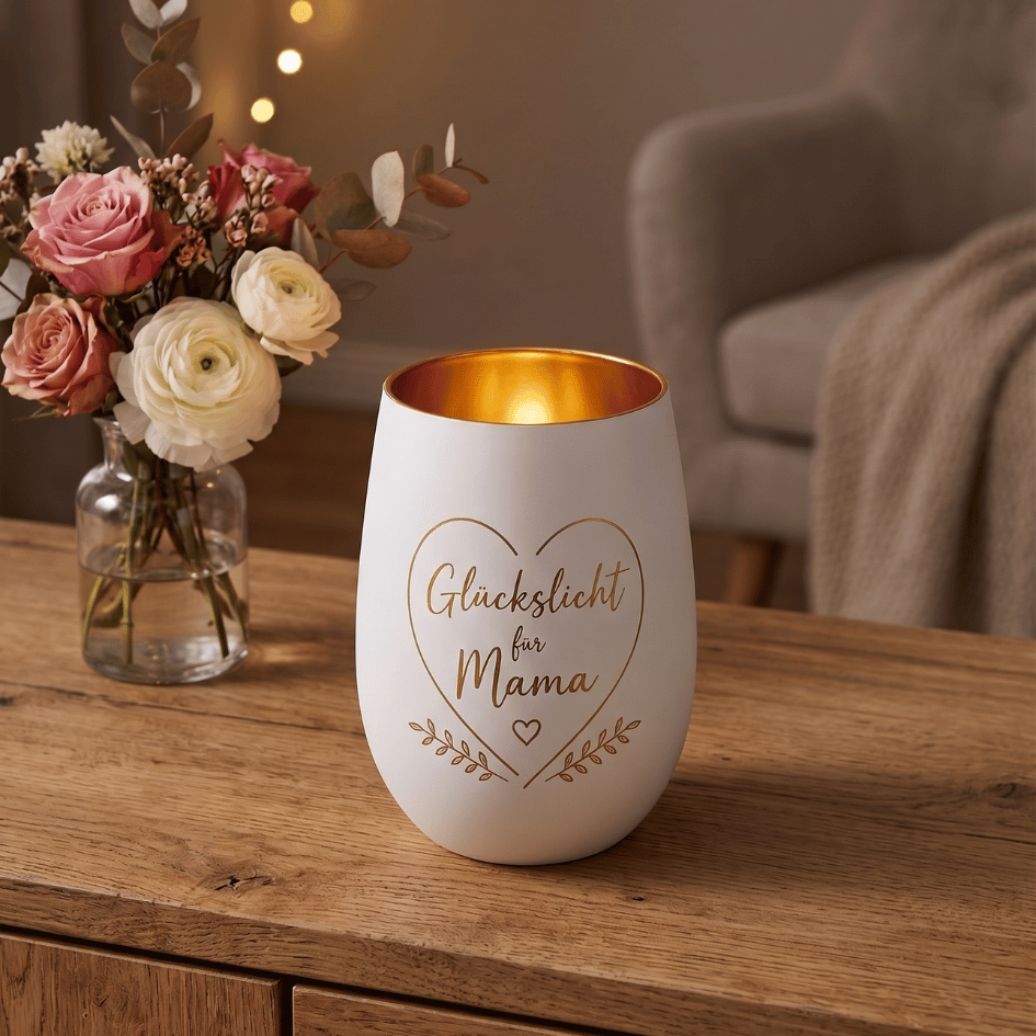 Personalisiertes Windlicht zum Muttertag – Glückslicht Herz für Mama in Weiß & Gold