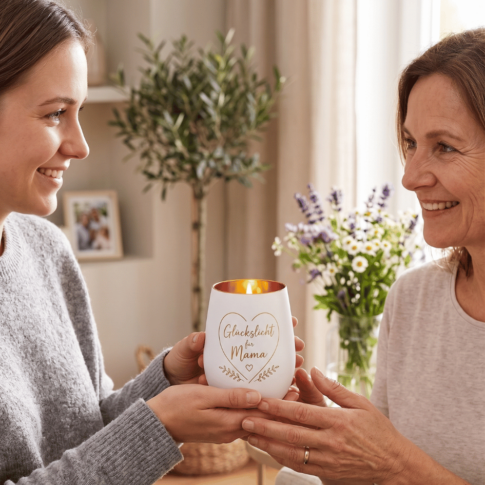 Personalisiertes Windlicht zum Muttertag – Glückslicht Herz für Mama in Weiß & Gold