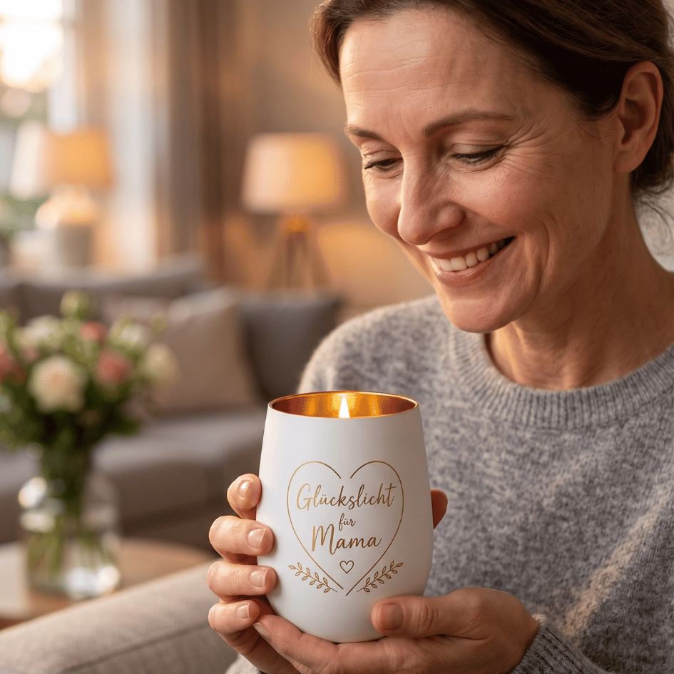 Personalisiertes Windlicht zum Muttertag – Glückslicht Herz für Mama in Weiß & Gold