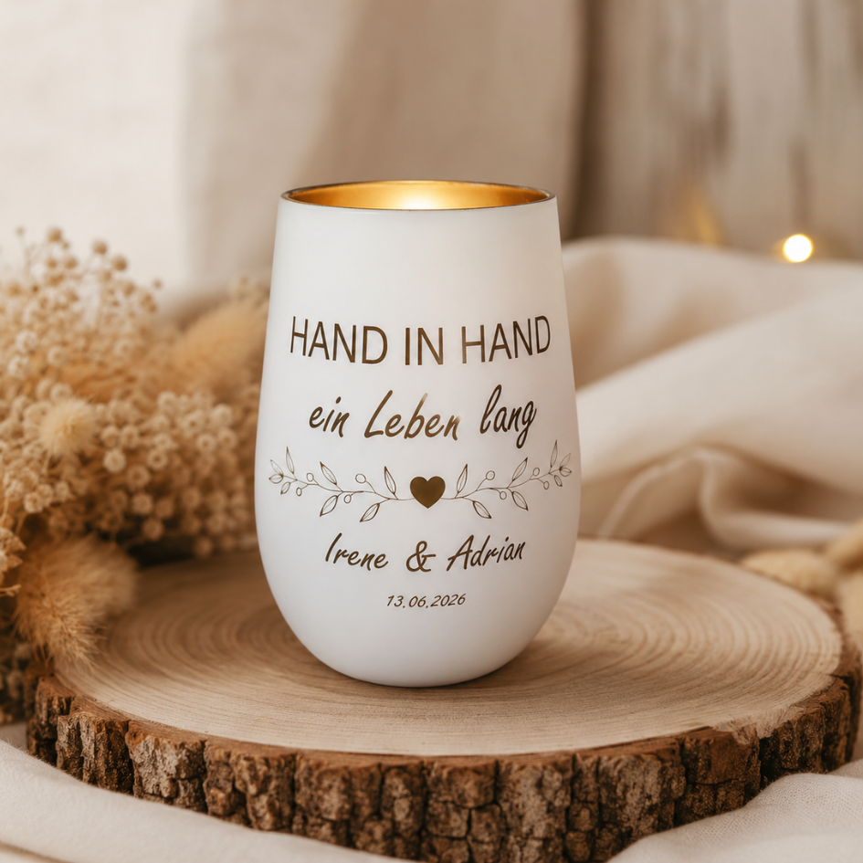 Personalisiertes Windlicht zur Hochzeit – Hand in Hand