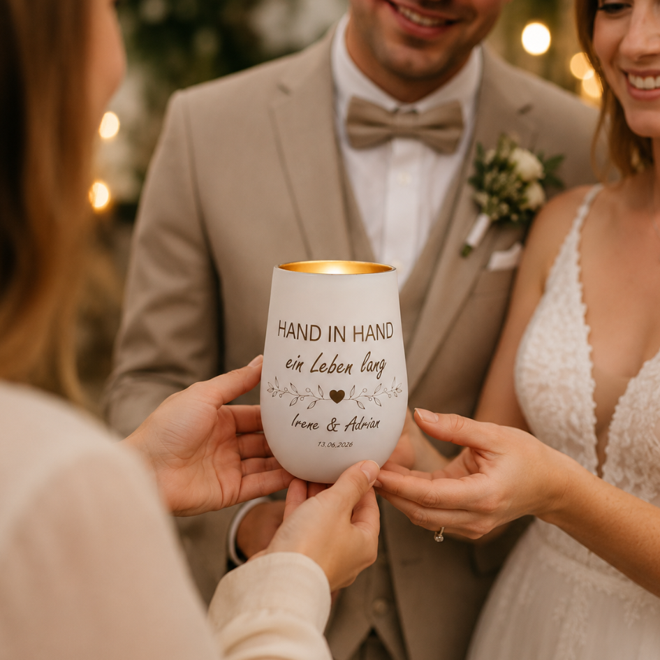 Personalisiertes Windlicht zur Hochzeit – Hand in Hand