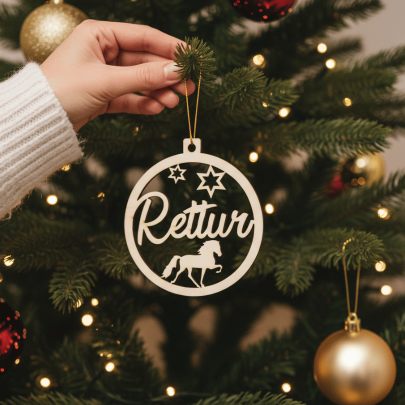 Personalisierte Christbaumkugel aus Holz – mit Pferdemotiv und Wunschname