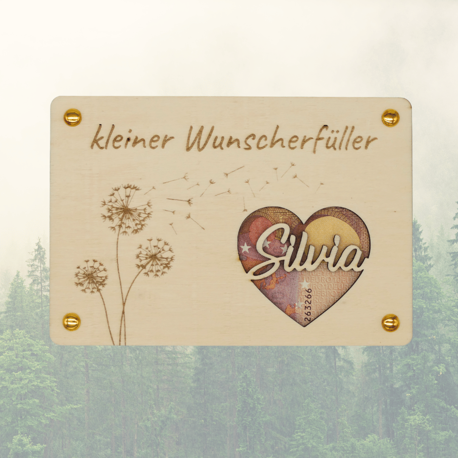 Personalisiertes Geldgeschenk – Holzkarte Kleiner Wunscherfüller mit Herz & Name