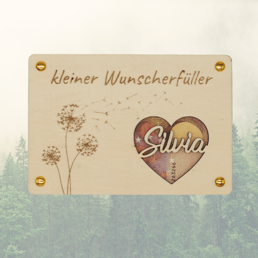 Personalisiertes Geldgeschenk – Holzkarte Kleiner Wunscherfüller mit Herz & Name