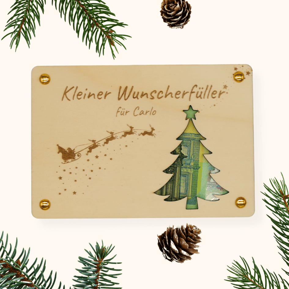 Personalisiertes Geldgeschenk Weihnachten – Holzkarte kleiner Wunscherfüller