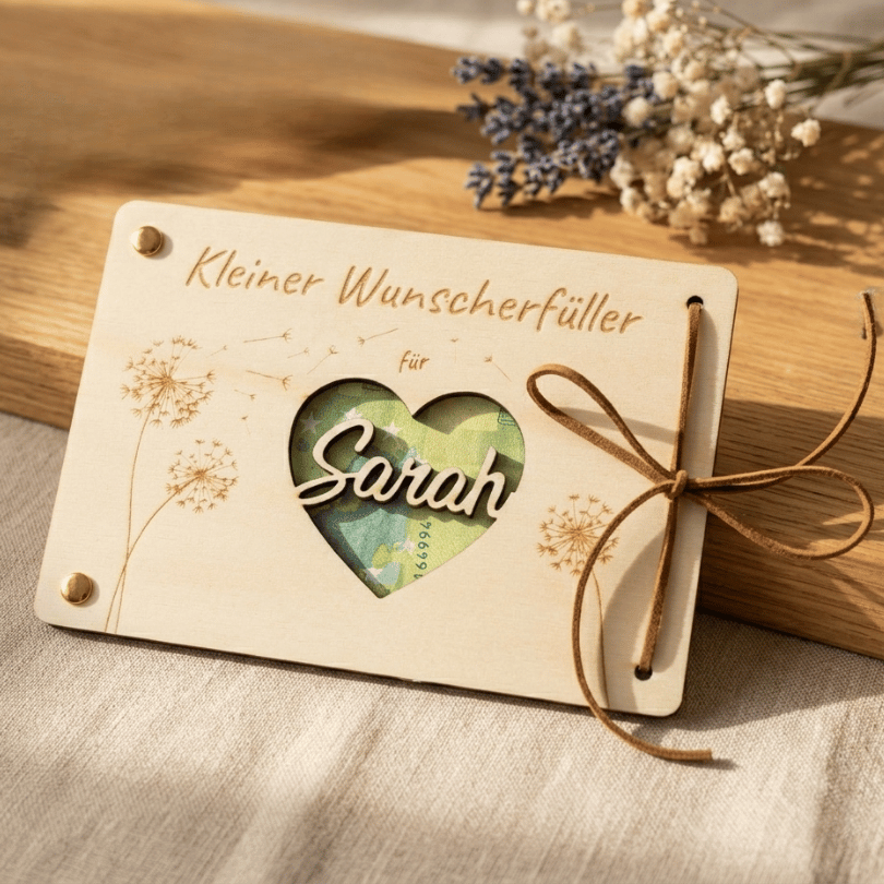 Personalisiertes Geldgeschenk – Holzkarte Kleiner Wunscherfüller mit Herz & Name
