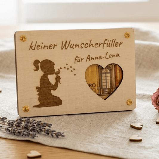 Personalisiertes Geldgeschenk – Holzkarte Kleiner Wunscherfüller mit Herz