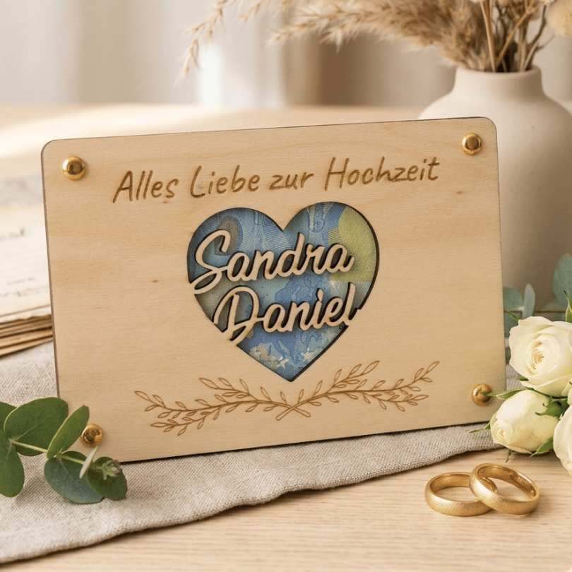 Personalisiertes Geldgeschenk aus Holz zur Hochzeit – Alles Liebe zur Hochzeit