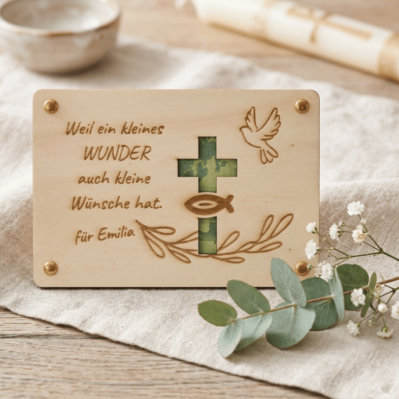 Personalisiertes Geldgeschenk aus Holz zur Taufe – Weil ein kleines WUNDER..