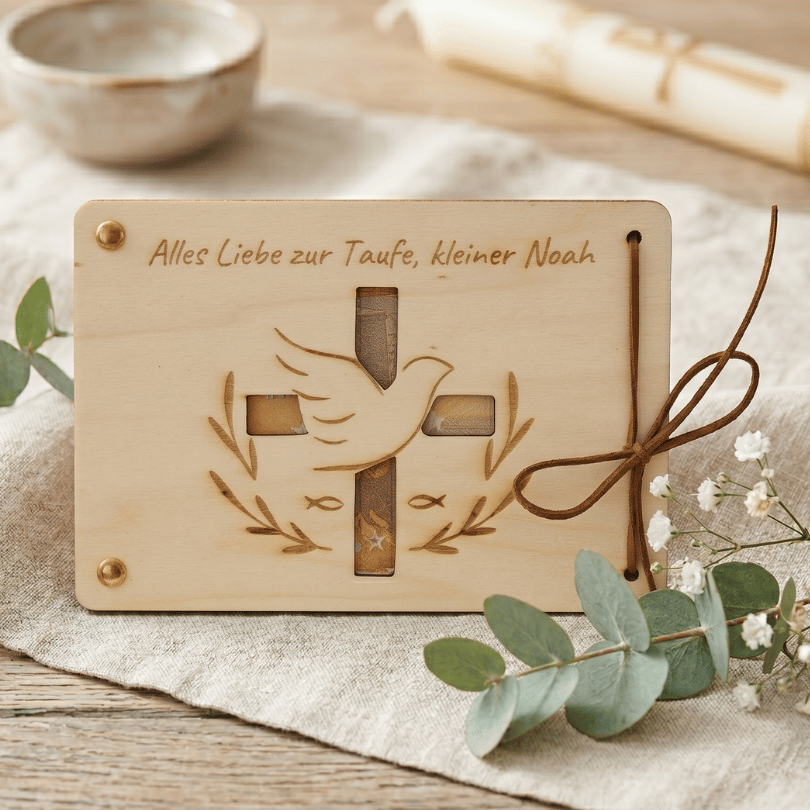 Personalisiertes Geldgeschenk aus Holz zur Taufe – Alles Liebe zur Taufe