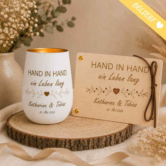 Geschenkset zur Hochzeit – Windlicht & Geldgeschenk "Hand in Hand"