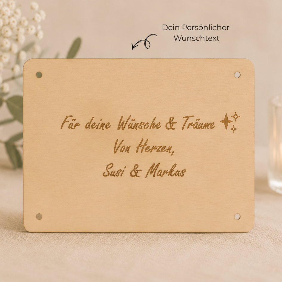 Personalisiertes Geldgeschenk – Holzkarte Kleiner Wunscherfüller mit Herz