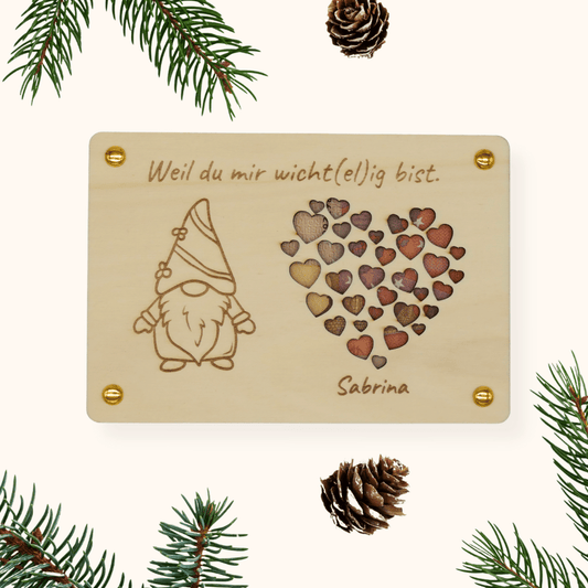 Personalisiertes Geldgeschenk zu Weihnachten – Holzkarte „Wicht(el)ig“ mit Herzen