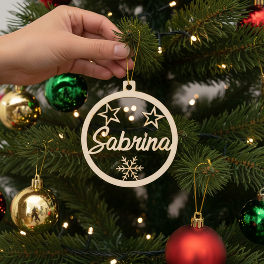 Personalisierte Christbaumkugel aus Holz – Geschenkanhänger mit Wunschname