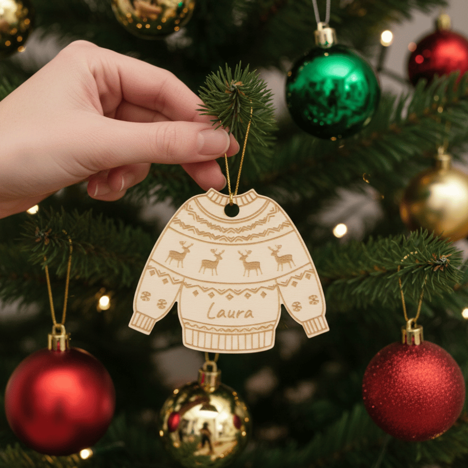 Personalisierter Weihnachts-Pulli Anhänger – mit Wunschname graviert