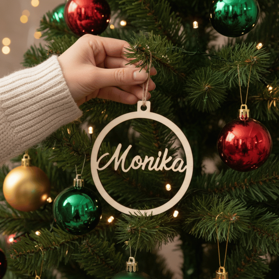 Personalisierte Christbaumkugel aus Holz – Geschenkanhänger mit Wunschname