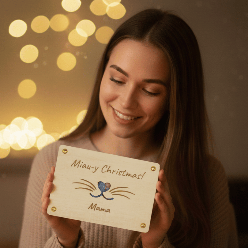 Personalisiertes Geldgeschenk zu Weihnachten – Holzkarte „Miau- y Christmas"