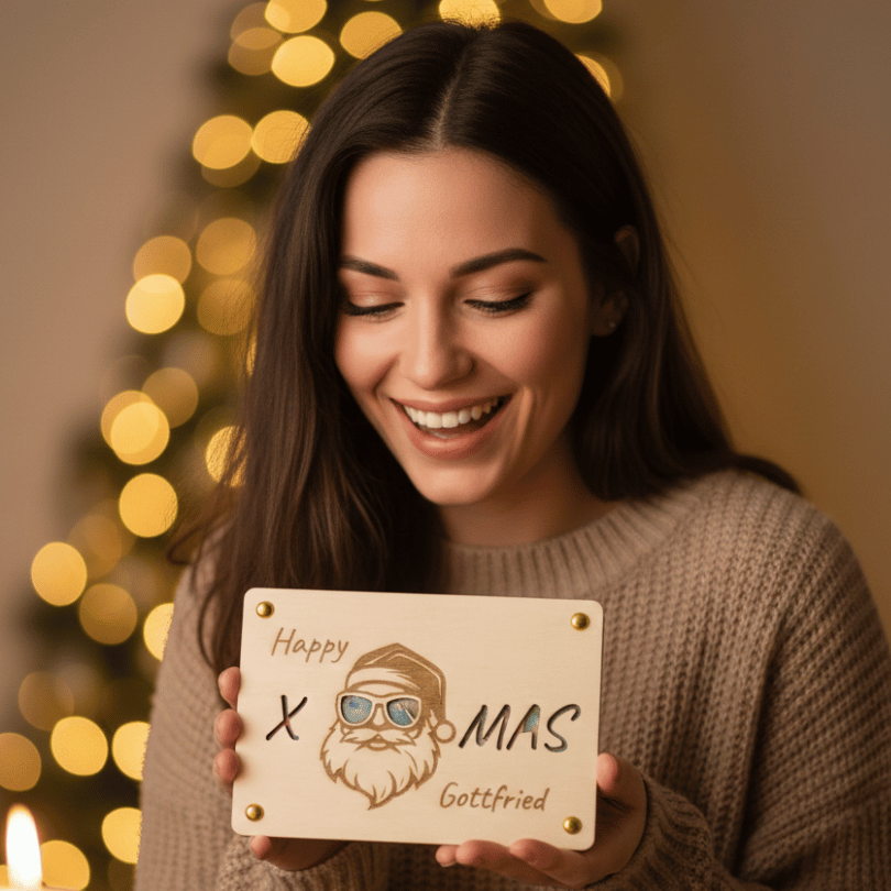 Personalisiertes Geldgeschenk zu Weihnachten – Holzkarte „Happy X-Mas“
