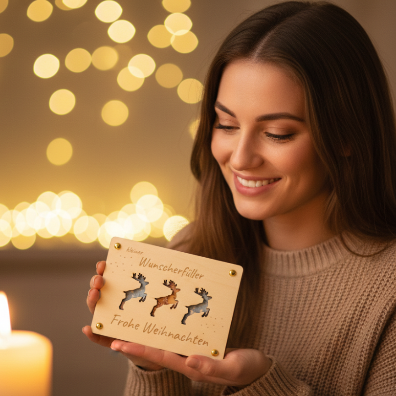 Holzkarte „Kleiner Wunscherfüller“ – Hirsch | Weihnachts-Geldgeschenk