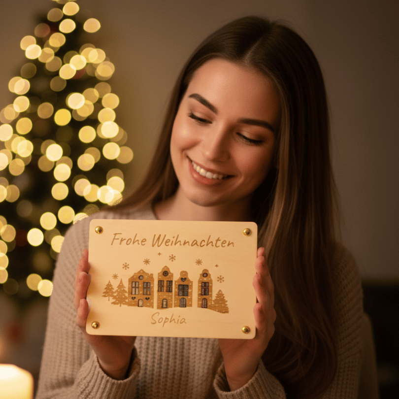 Personalisiertes Geldgeschenk zu Weihnachten – Holzkarte „Frohe Weihnachten“ mit Häusern
