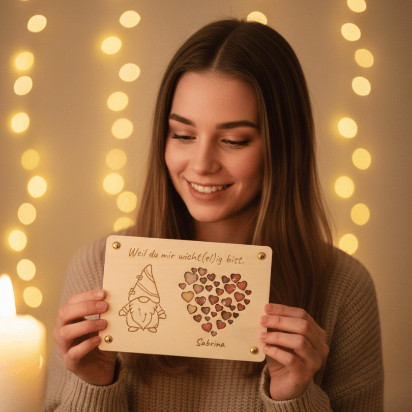Personalisiertes Geldgeschenk zu Weihnachten – Holzkarte „Wicht(el)ig“ mit Herzen