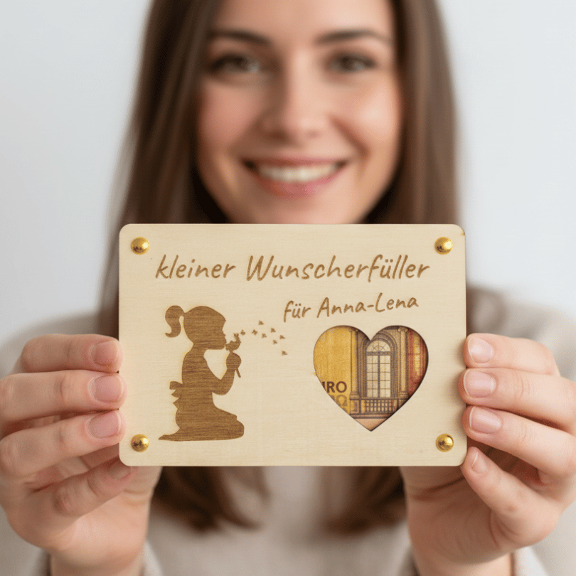 Personalisiertes Geldgeschenk – Holzkarte Kleiner Wunscherfüller mit Herz