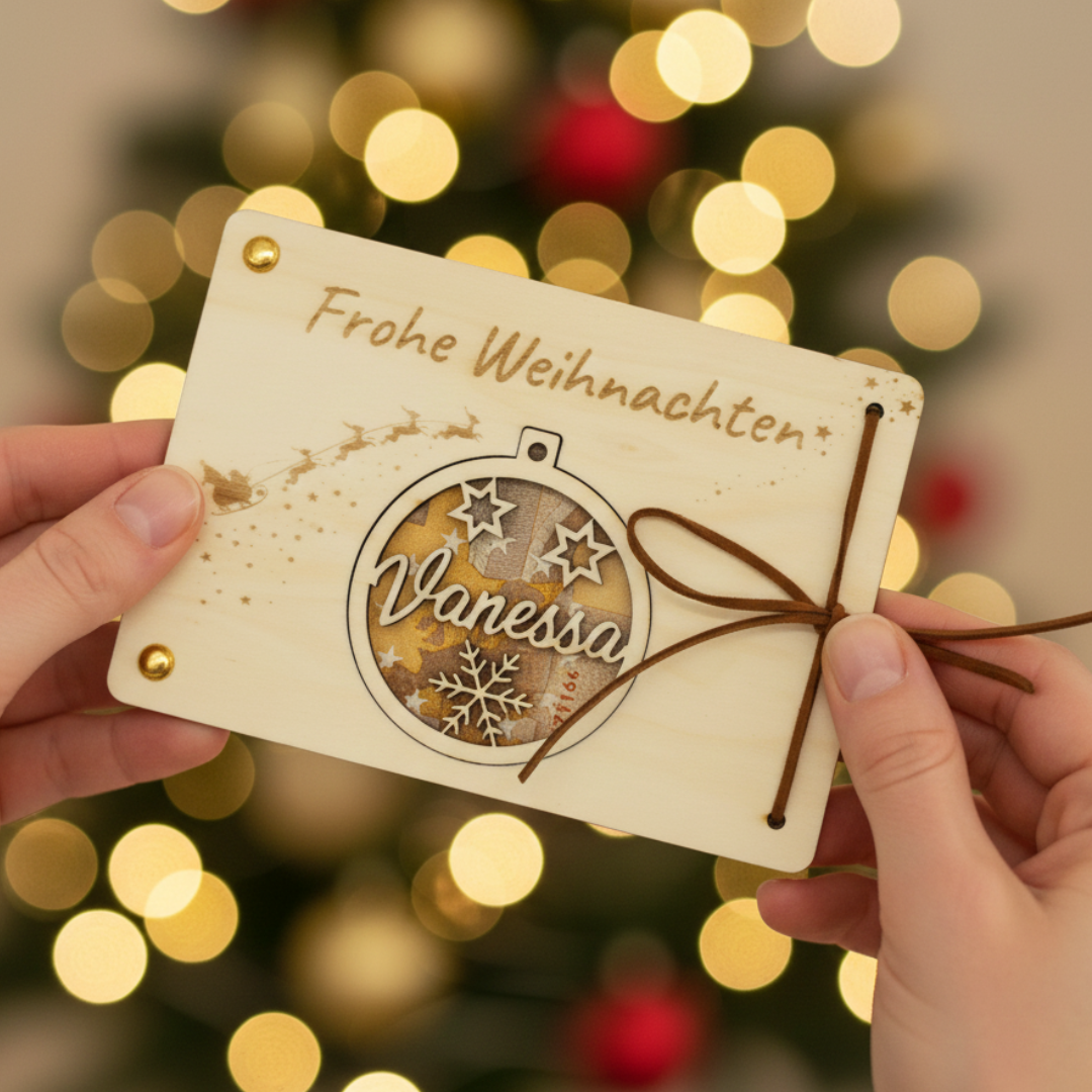 Personalisiertes Geldgeschenk zu Weihnachten – Holzkarte mit Weihnachtskugel