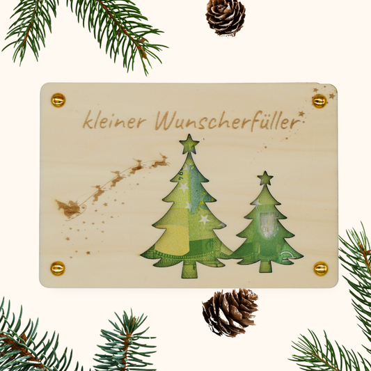 Holzkarte „Kleiner Wunscherfüller“ – Tannenbaum | Weihnachts-Geldgeschenk
