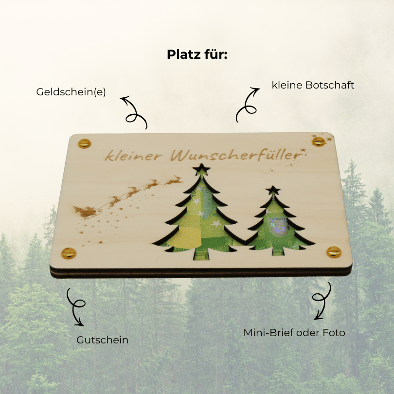 Holzkarte „Kleiner Wunscherfüller“ – Tannenbaum | Weihnachts-Geldgeschenk