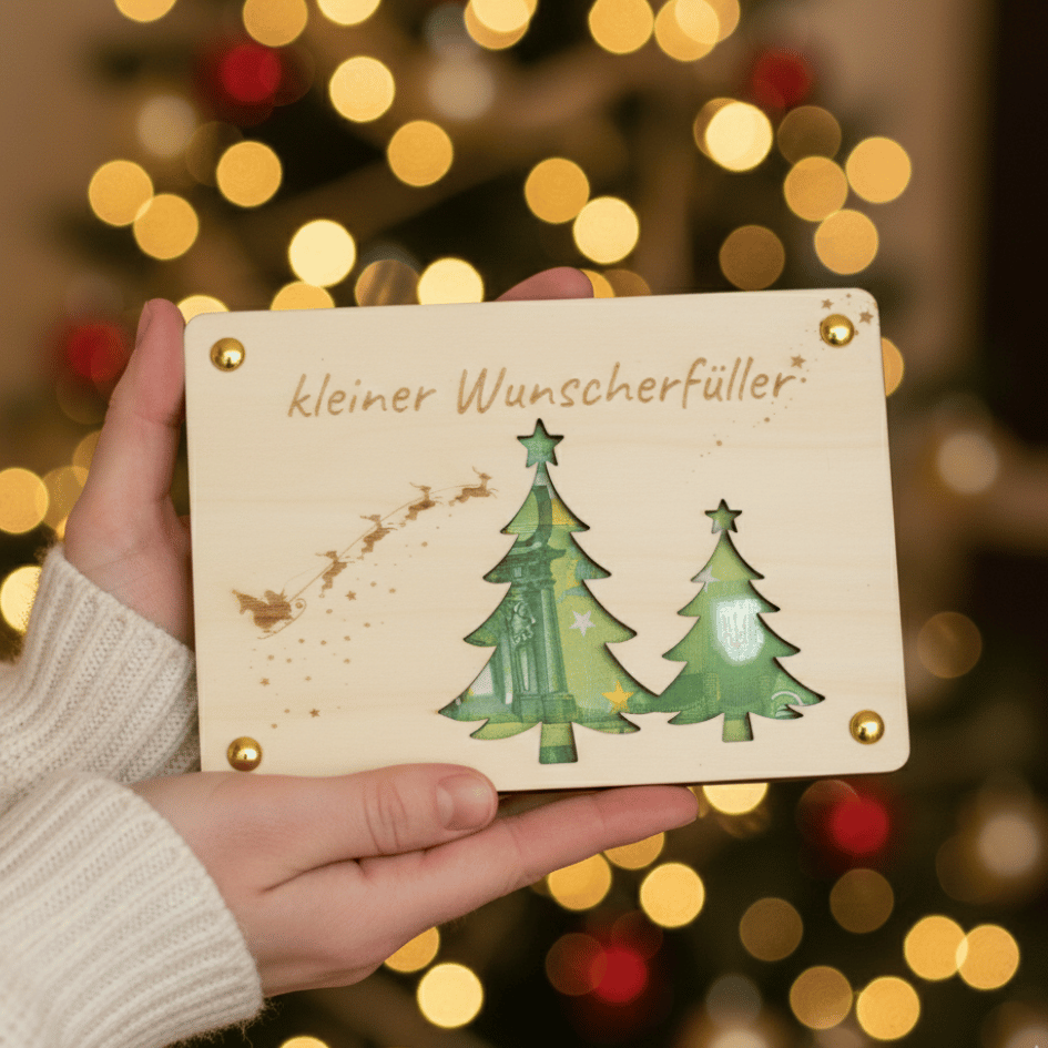 Holzkarte „Kleiner Wunscherfüller“ – Tannenbaum | Weihnachts-Geldgeschenk