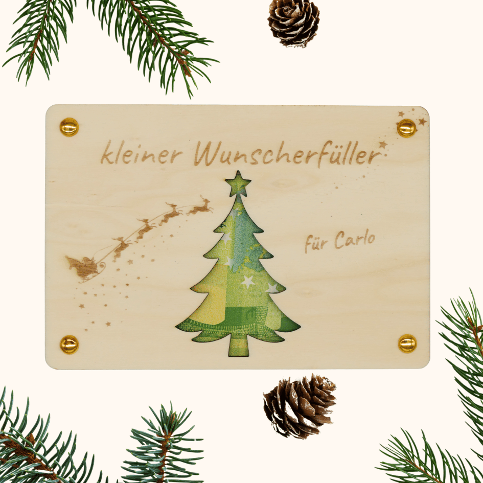 Personalisiertes Geldgeschenk Weihnachten – Holzkarte kleiner Wunscherfüller