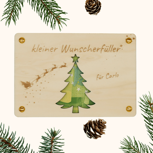 Personalisiertes Geldgeschenk Weihnachten – Holzkarte kleiner Wunscherfüller
