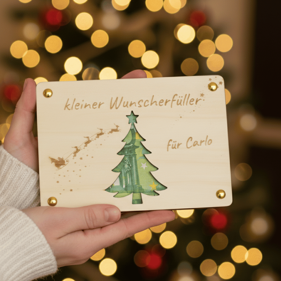Personalisiertes Geldgeschenk Weihnachten – Holzkarte kleiner Wunscherfüller