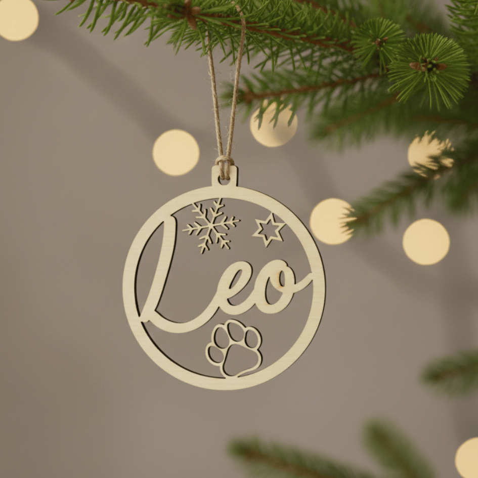 Personalisierte Christbaumkugel aus Holz – Haustierpfote (Hund/Katze) mit Wunschname