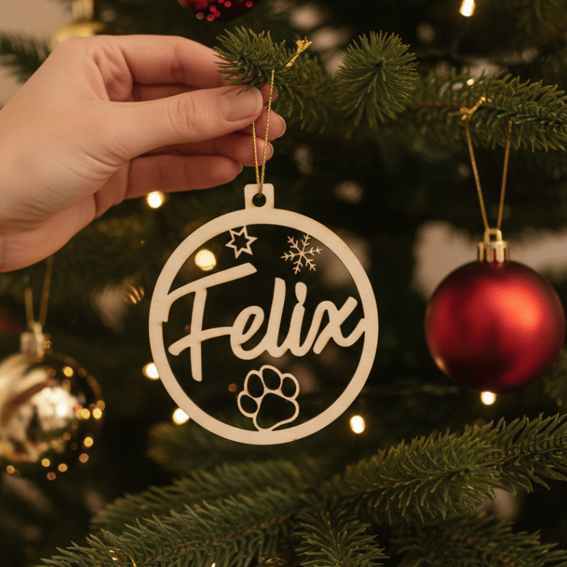 Personalisierte Christbaumkugel aus Holz – Haustierpfote (Hund/Katze) mit Wunschname