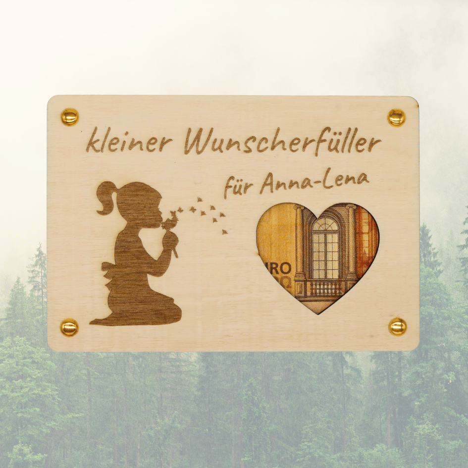 Personalisiertes Geldgeschenk – Holzkarte Kleiner Wunscherfüller mit Herz