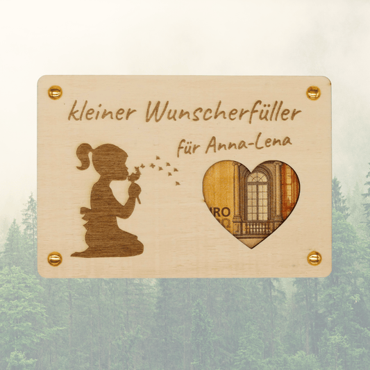 Personalisiertes Geldgeschenk – Holzkarte Kleiner Wunscherfüller mit Herz