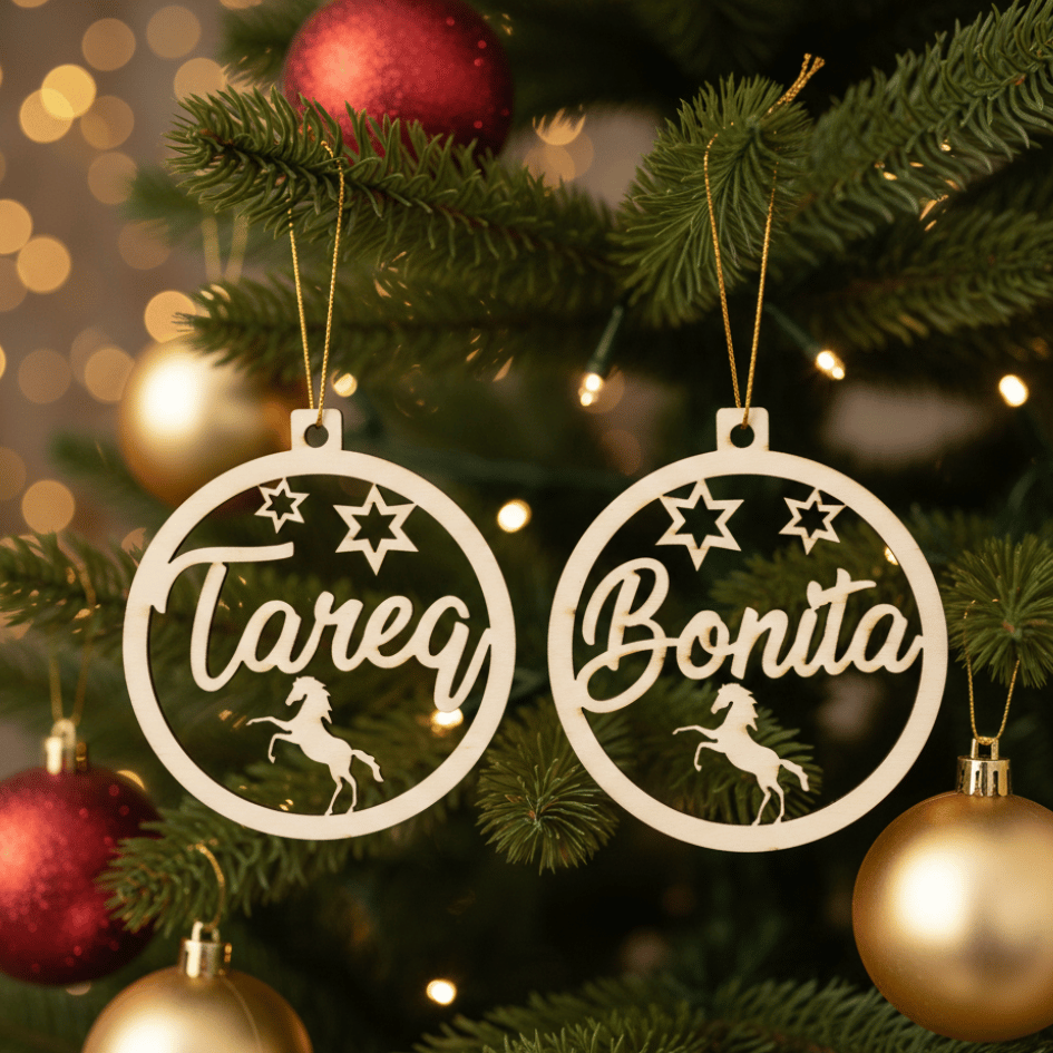 Personalisierte Christbaumkugel aus Holz – mit Pferdemotiv und Wunschname