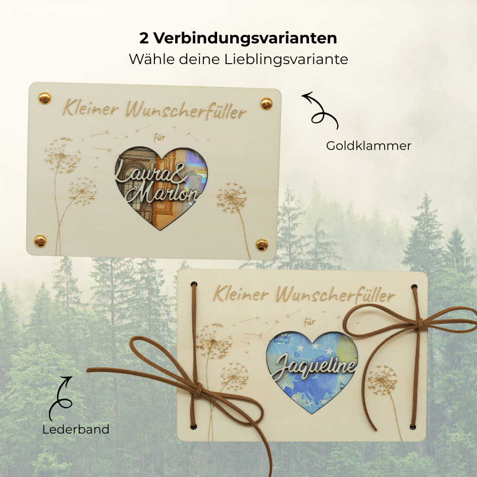 Personalisiertes Geldgeschenk – Holzkarte Kleiner Wunscherfüller mit Herz & Name