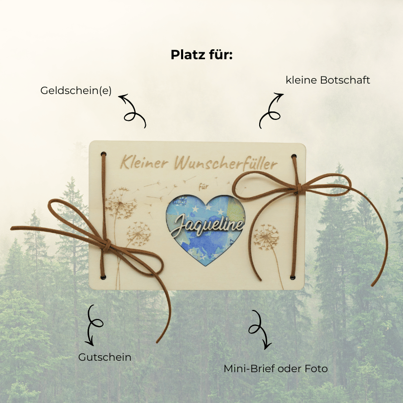 Personalisiertes Geldgeschenk – Holzkarte Kleiner Wunscherfüller mit Herz & Name