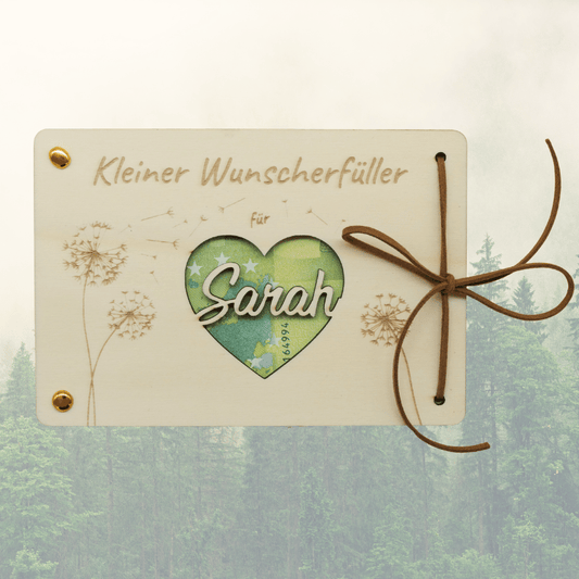 Personalisiertes Geldgeschenk – Holzkarte Kleiner Wunscherfüller mit Herz & Name
