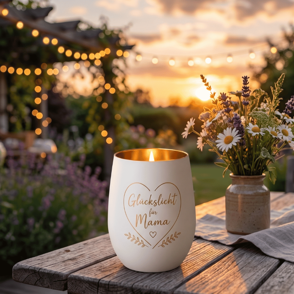 Personalisiertes Windlicht zum Muttertag – Glückslicht Herz für Mama in Weiß & Gold