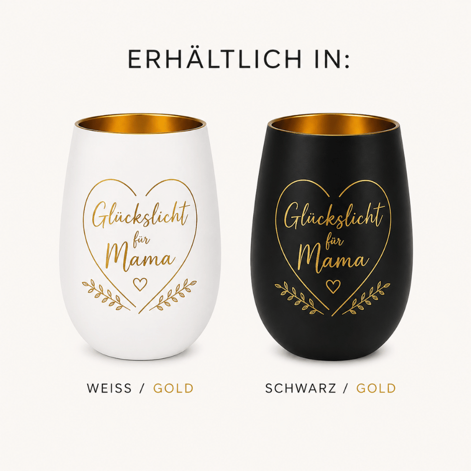 Personalisiertes Windlicht zum Muttertag – Glückslicht Herz für Mama in Weiß & Gold