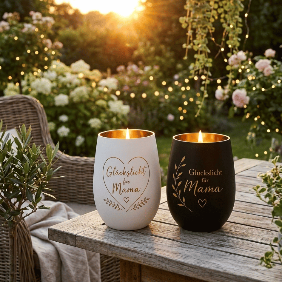 Personalisiertes Windlicht zum Muttertag – Glückslicht Herz für Mama in Weiß & Gold