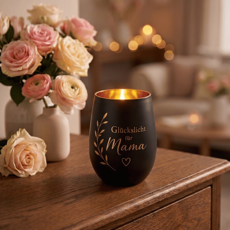 Personalisiertes Windlicht zum Muttertag – ein Glückslicht für Mama - Schwarz & Gold