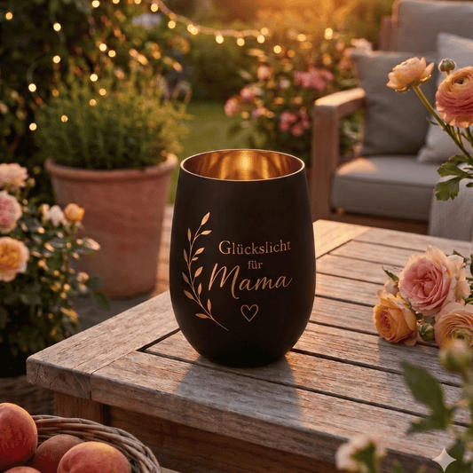 Personalisiertes Windlicht zum Muttertag – ein Glückslicht für Mama - Schwarz & Gold